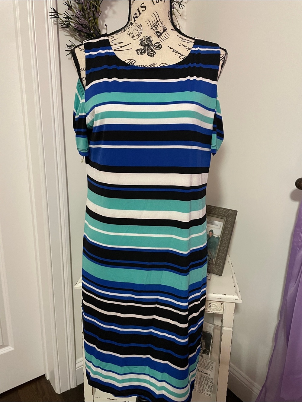 Ronni Nicole Striped Cold-Shoulder Midi Dress in Blue, Teal & White